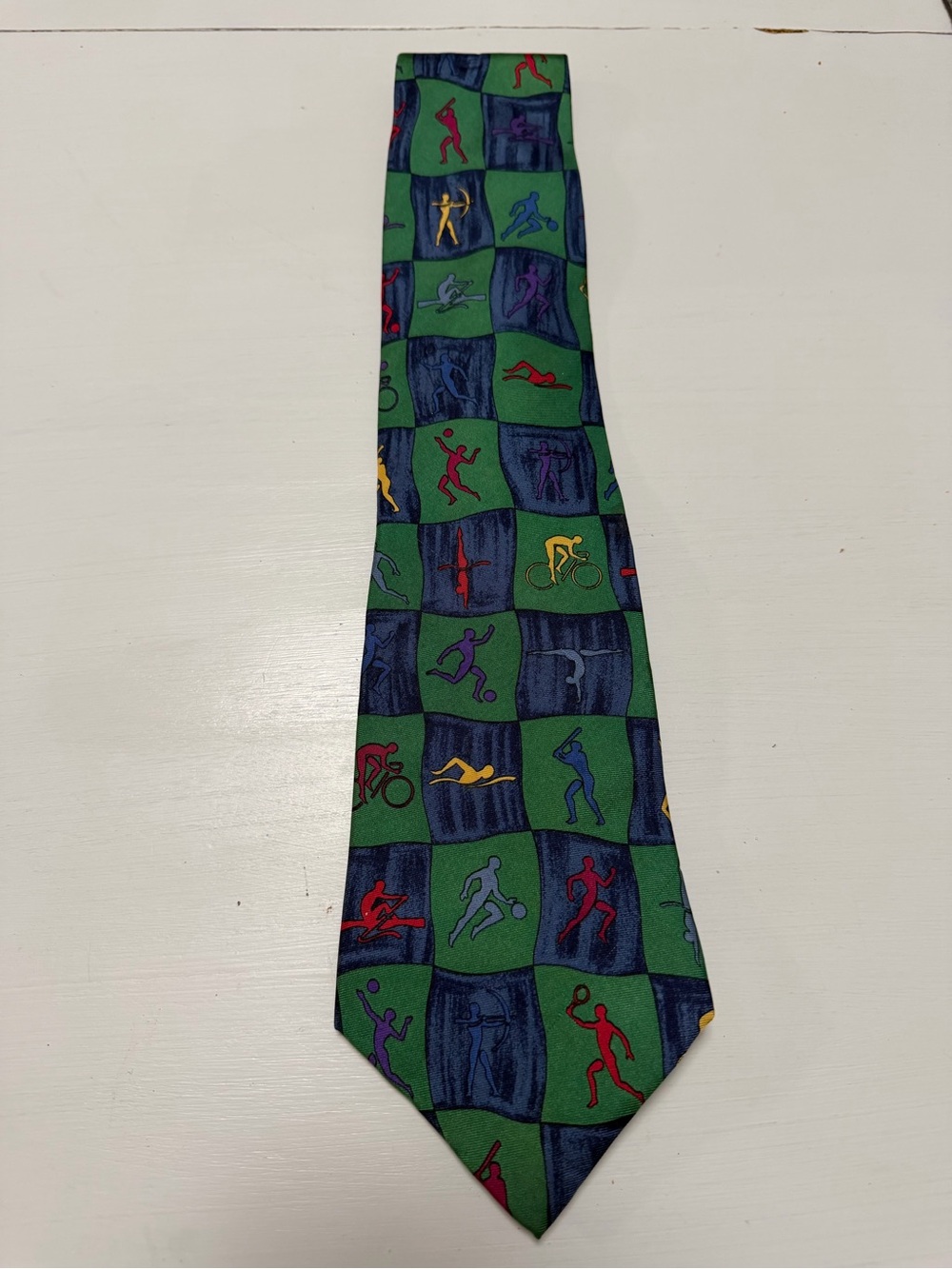 1996 Atlanta Olympics vintage Green & Navy Sports Motif Men's Tie Perry Ellis